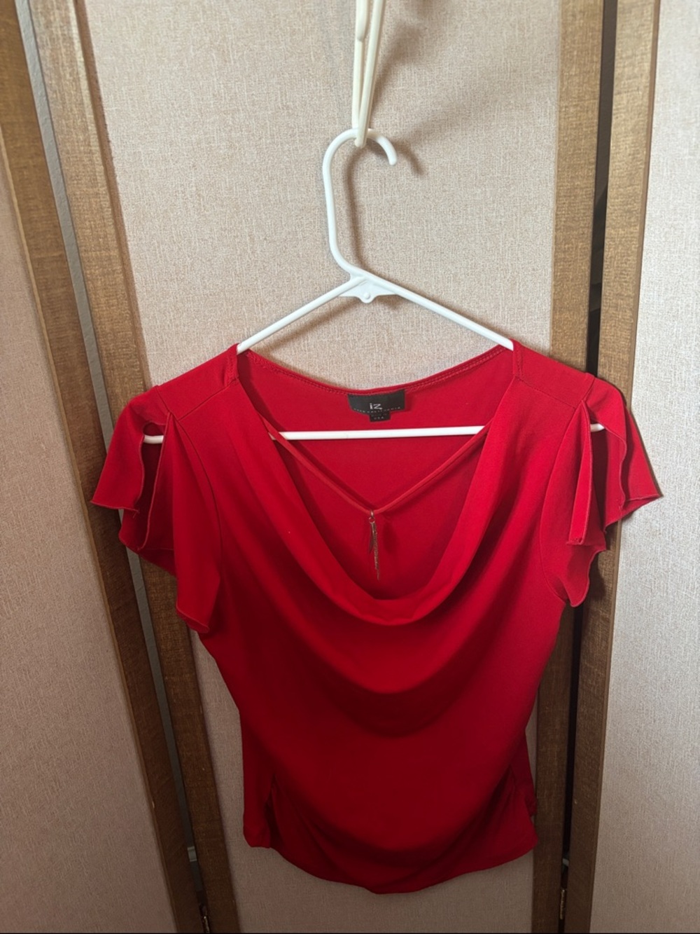 IZ Byer  Draped Neck Short Sleeve Blouse  Junior Large